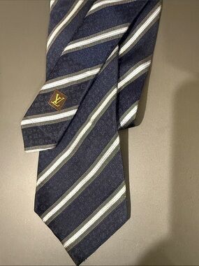Louis Vuitton Navy Silk Striped Tie with Gold LV Emblem